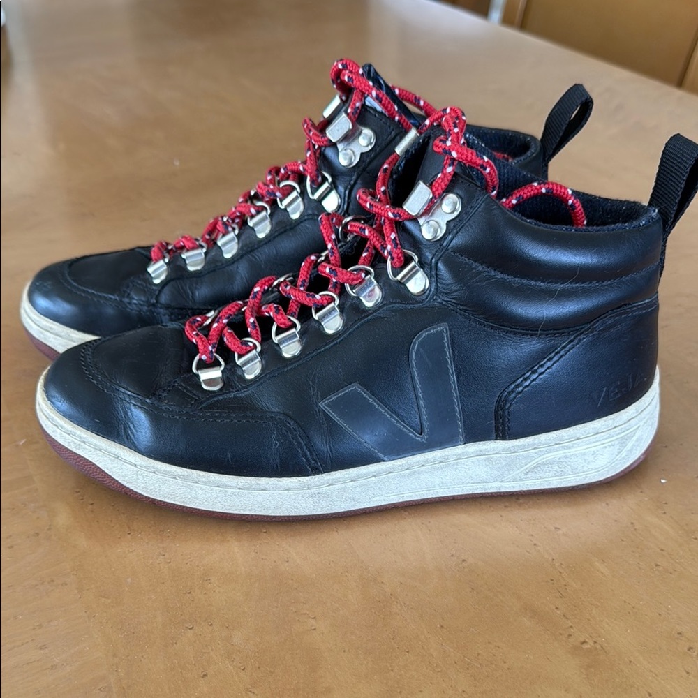 Veja Black Leather Hiker-Style Sneakers with Red Laces